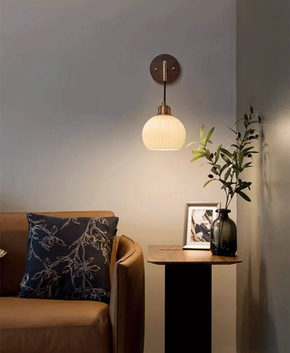 Japanese Retro Copper Wall Lamp — Walnut Wood & Frosted Glass Sconce for Bedroom & Hallway