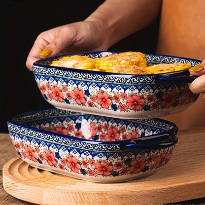 Hand-Painted Floral Ceramic Roasting Pan with Handles — Oven-Safe Casserole & Baking Dish