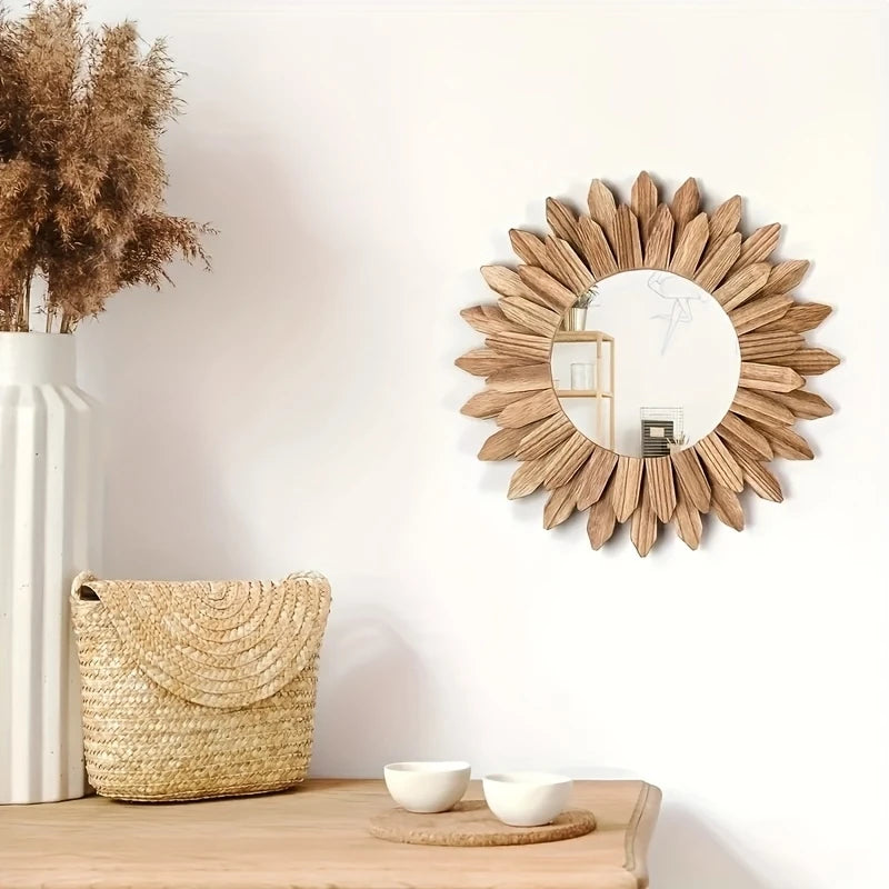 Bohemian Sunflower Wall Mirror — 30cm Wooden Decorative Mirror for Bedroom & Living Room