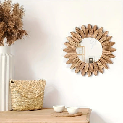 Bohemian Sunflower Wall Mirror — 30cm Wooden Decorative Mirror for Bedroom & Living Room
