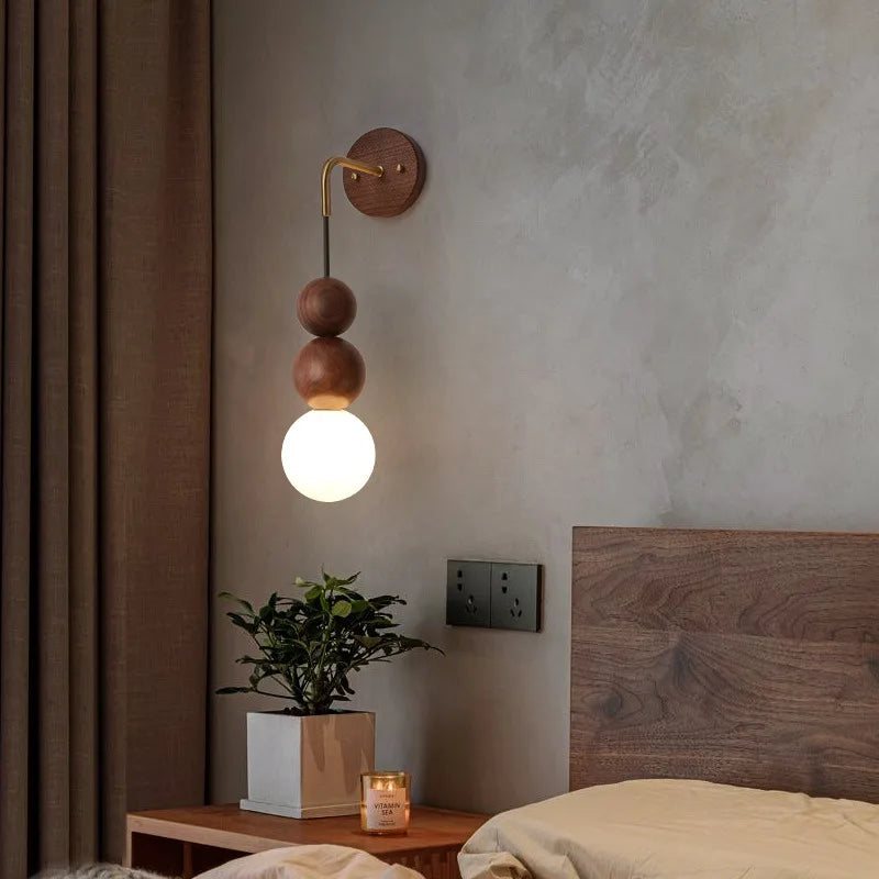 Japanese Retro Copper Wall Lamp — Walnut Wood & Frosted Glass Sconce for Bedroom & Hallway