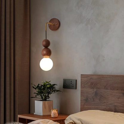 Japanese Retro Copper Wall Lamp — Walnut Wood & Frosted Glass Sconce for Bedroom & Hallway