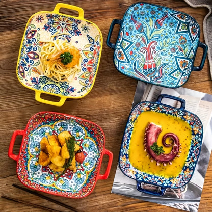 Bohemian Double Ear Ceramic Salad Plate — 9-Inch Square Pasta Dish, Oven & Microwave Safe in 8 Colors