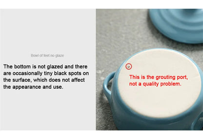 Ceramic Double Ear Bowl with Lid — Glazed Baking Bowl for Steamed Eggs, Soup & Pudding