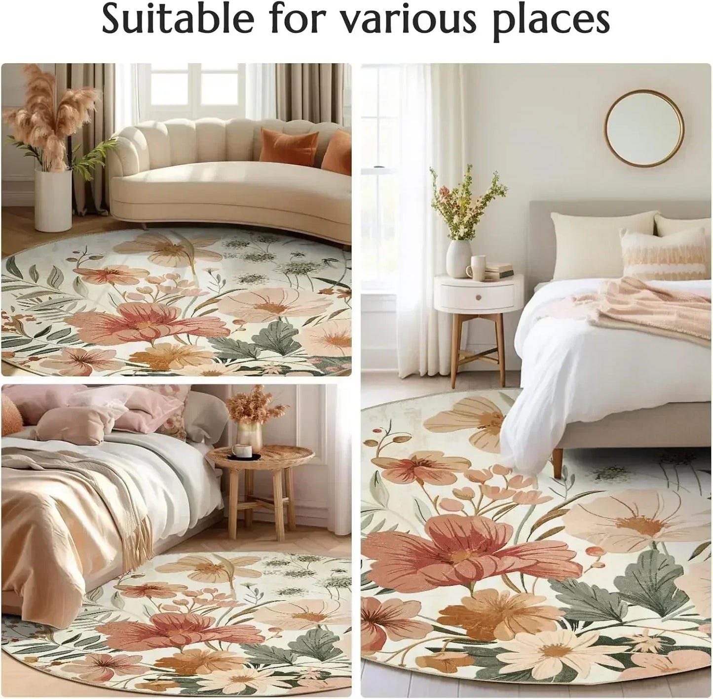Boho Line Art Round Rug — Beige & Gray Abstract Non-Slip Mat for Living Room & Bedroom
