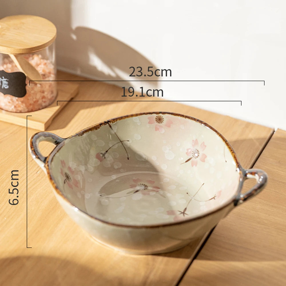 Japanese Ceramic Bowl with Handle — 7.5" Floral Soup, Noodle & Salad Bowl