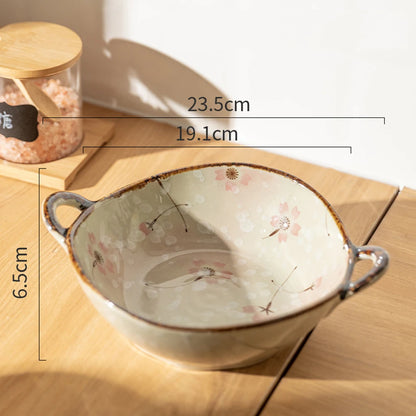Japanese Ceramic Bowl with Handle — 7.5" Floral Soup, Noodle & Salad Bowl