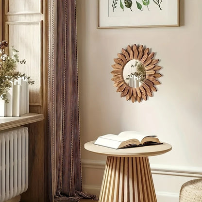 Bohemian Sunflower Wall Mirror — 30cm Wooden Decorative Mirror for Bedroom & Living Room