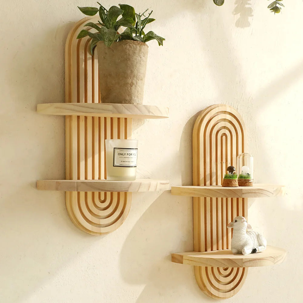 Boho Geometric Wooden Wall Shelf — Natural Finish Plant & Decorative Display Shelf, Single or 2-Layer