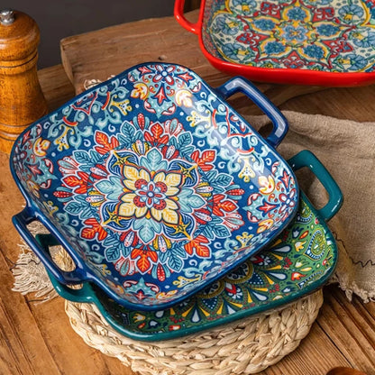 Bohemian Double Ear Ceramic Salad Plate — 9-Inch Square Pasta Dish, Oven & Microwave Safe in 8 Colors