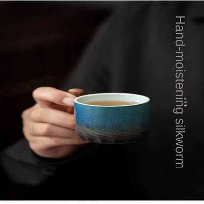 Handmade Kiln-Glazed Ceramic Espresso Mug with Wooden Handle — Retro Italian Style Coffee Cup