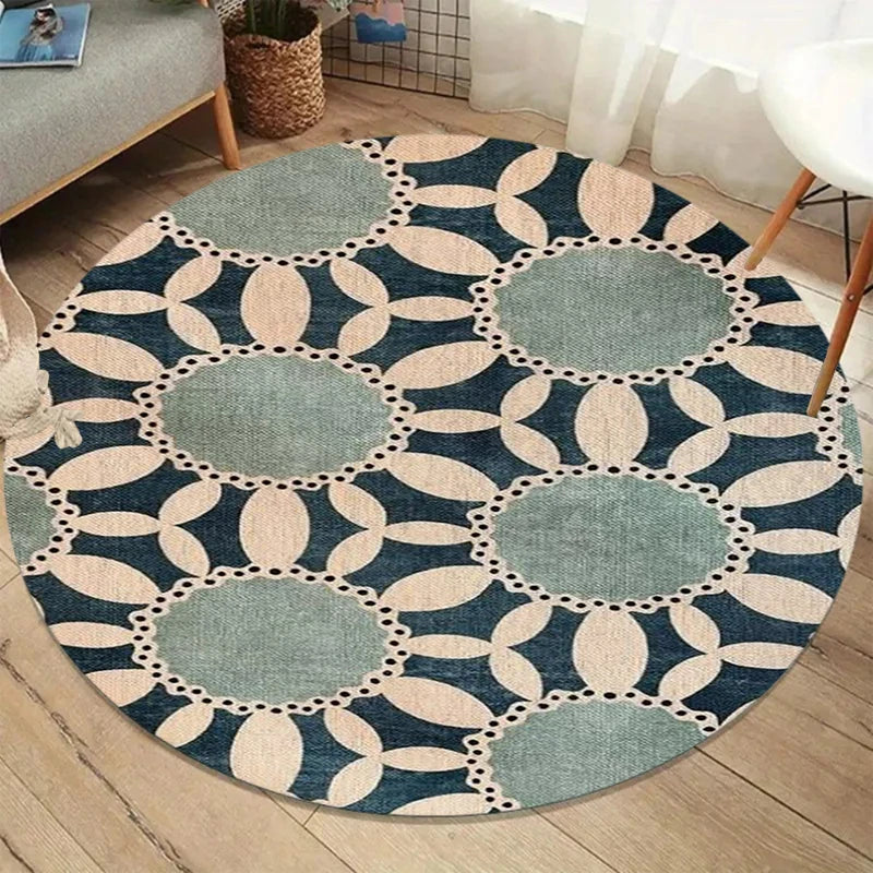 Boho Line Art Round Rug — Beige & Gray Abstract Non-Slip Mat for Living Room & Bedroom