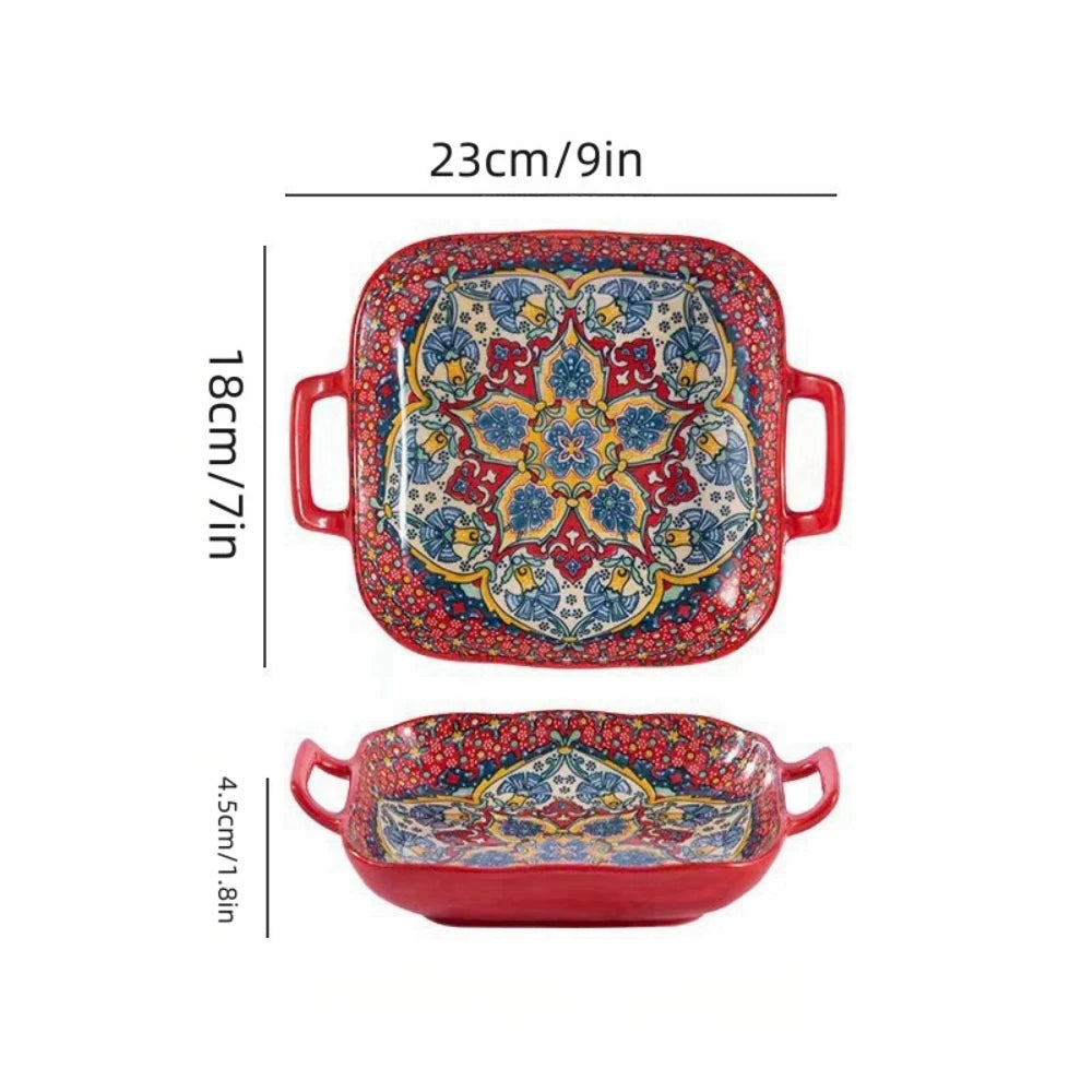 Bohemian Double Ear Ceramic Salad Plate — 9-Inch Square Pasta Dish, Oven & Microwave Safe in 8 Colors