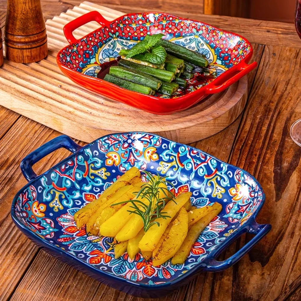 Bohemian Double Ear Ceramic Salad Plate — 9-Inch Square Pasta Dish, Oven & Microwave Safe in 8 Colors