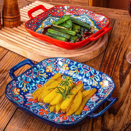 Bohemian Double Ear Ceramic Salad Plate — 9-Inch Square Pasta Dish, Oven & Microwave Safe in 8 Colors