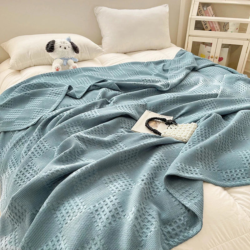 100% Cotton Waffle Knit Throw Blanket — Soft Breathable Sofa & Bed Throw