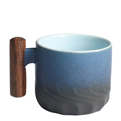 Handmade Kiln-Glazed Ceramic Espresso Mug with Wooden Handle — Retro Italian Style Coffee Cup