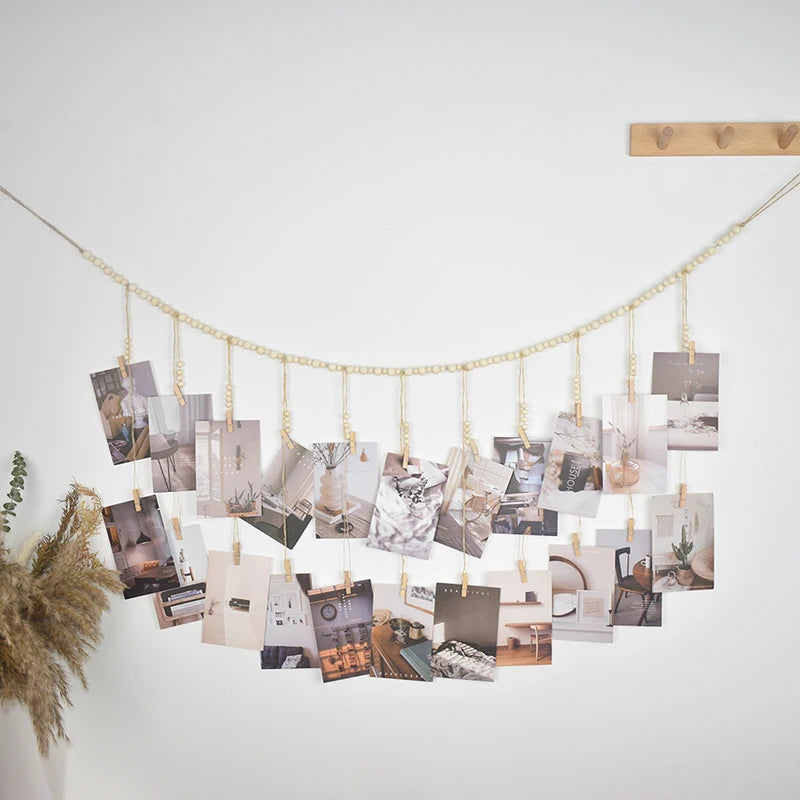Boho Photo Display Wall Hanging — Wooden Bead & Hemp Rope Macrame with Clips