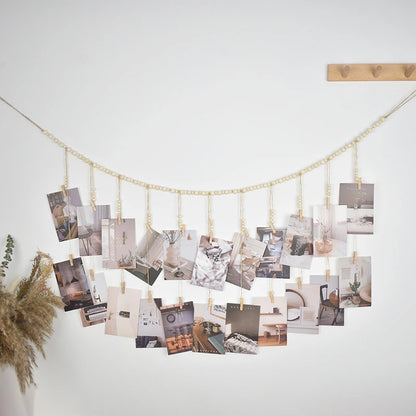 Boho Photo Display Wall Hanging — Wooden Bead & Hemp Rope Macrame with Clips