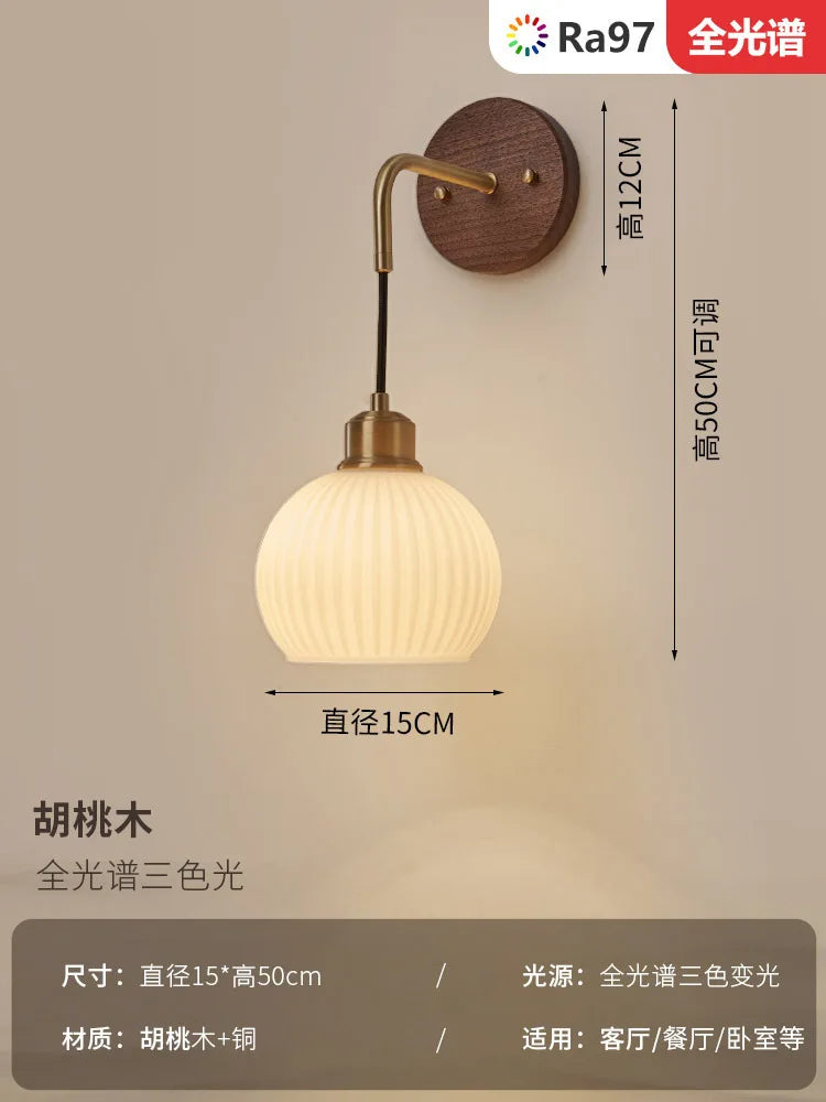 Japanese Retro Copper Wall Lamp — Walnut Wood & Frosted Glass Sconce for Bedroom & Hallway