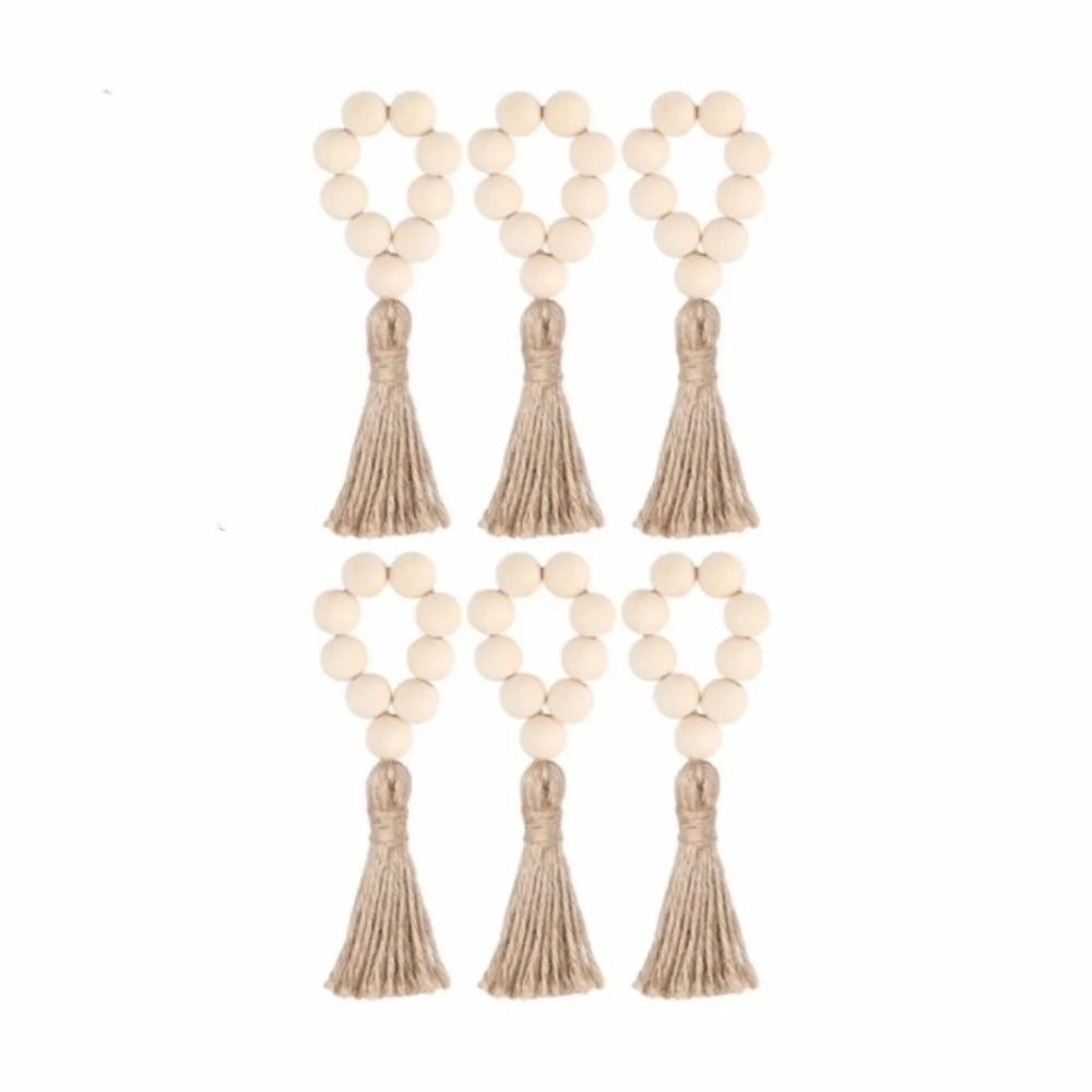 Farmhouse Wooden Bead Napkin Rings — Set of 6 with Tassel String | Handmade Table Decor