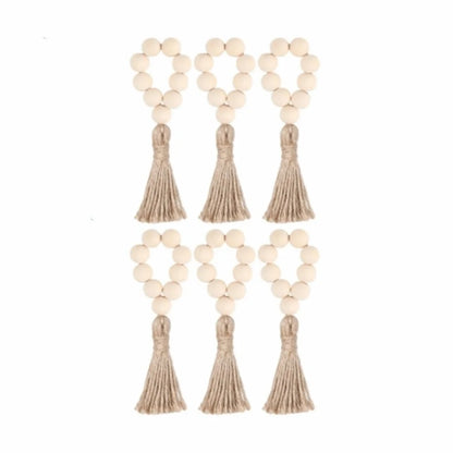 Farmhouse Wooden Bead Napkin Rings — Set of 6 with Tassel String | Handmade Table Decor