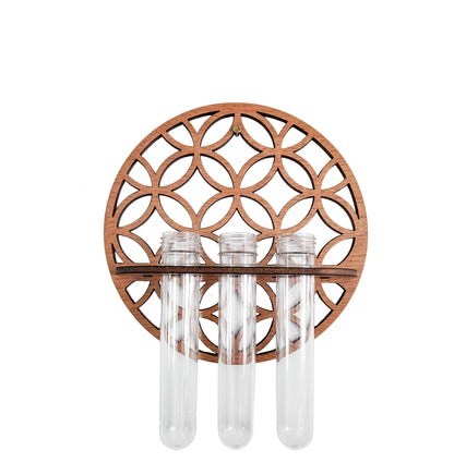 Wooden Circle Wall Planter with 3 Test Tubes — Indoor Plant Propagation Station & Hanging Vase Rack