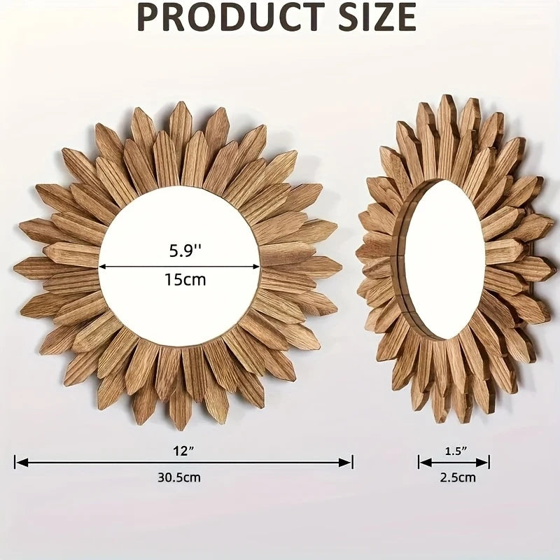 Bohemian Sunflower Wall Mirror — 30cm Wooden Decorative Mirror for Bedroom & Living Room