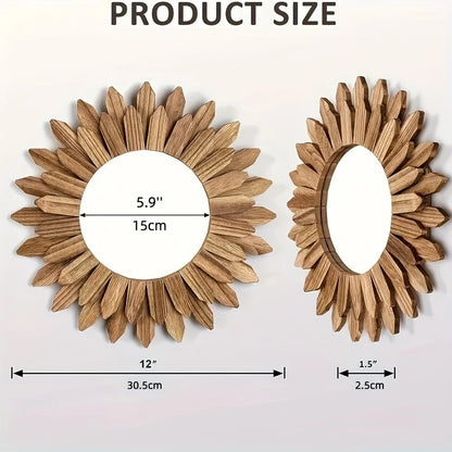 Bohemian Sunflower Wall Mirror — 30cm Wooden Decorative Mirror for Bedroom & Living Room