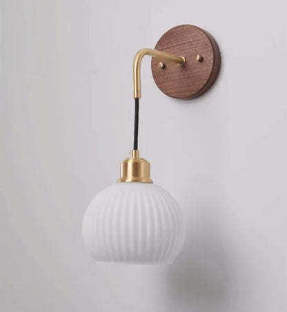 Japanese Retro Copper Wall Lamp — Walnut Wood & Frosted Glass Sconce for Bedroom & Hallway