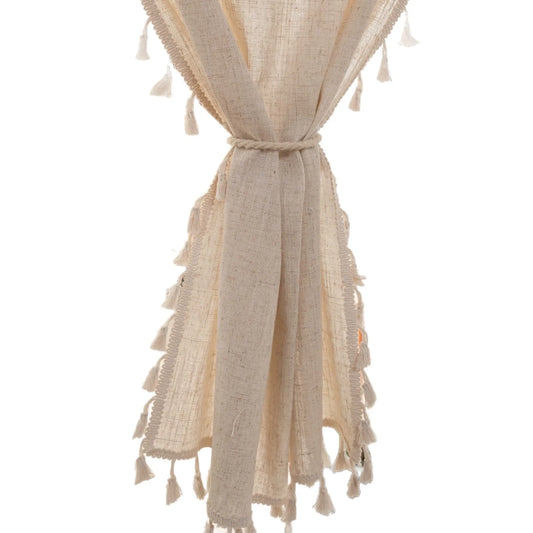 Boho Floral Beige Curtain — Cotton Linen Semi-Sheer Window Panel with Tassel or Lace Edge
