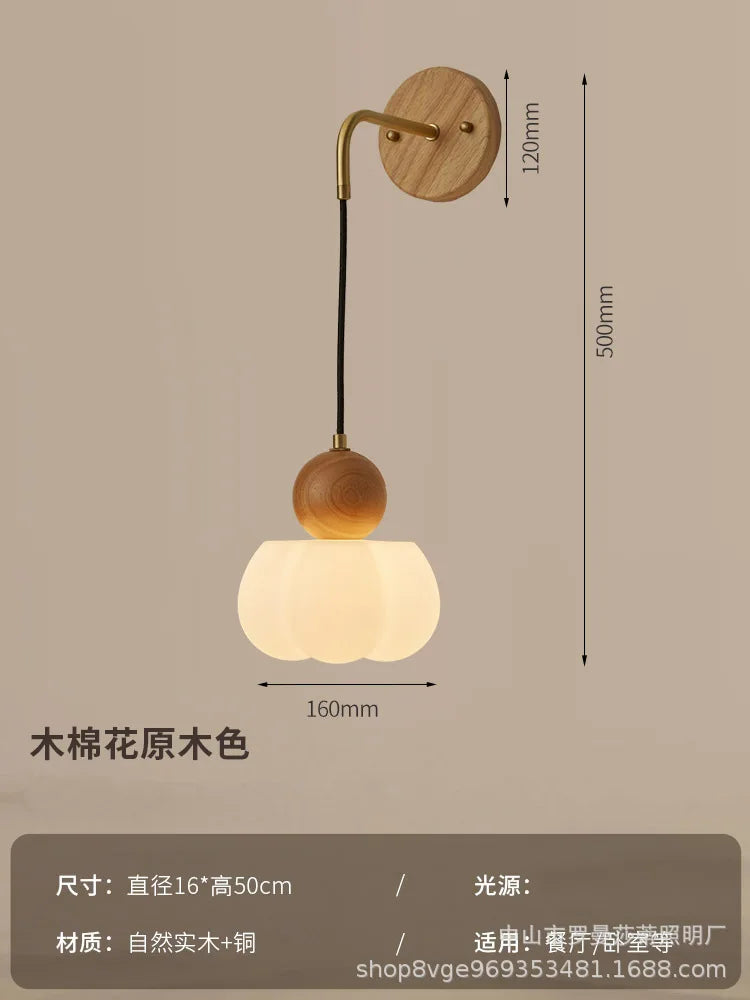 Japanese Retro Copper Wall Lamp — Walnut Wood & Frosted Glass Sconce for Bedroom & Hallway