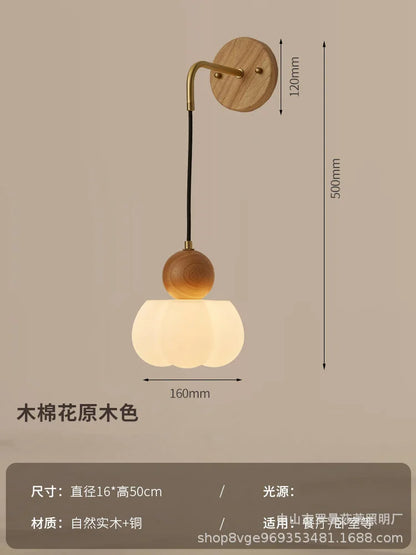 Japanese Retro Copper Wall Lamp — Walnut Wood & Frosted Glass Sconce for Bedroom & Hallway