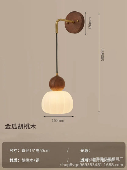Japanese Retro Copper Wall Lamp — Walnut Wood & Frosted Glass Sconce for Bedroom & Hallway