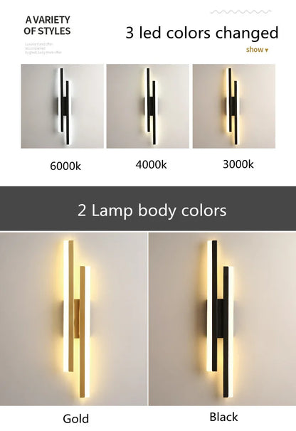 Nordic Dimmable LED Wall Sconce — 3-Color Iron & Acrylic Bedside Lamp in Black or Gold, Left or Right
