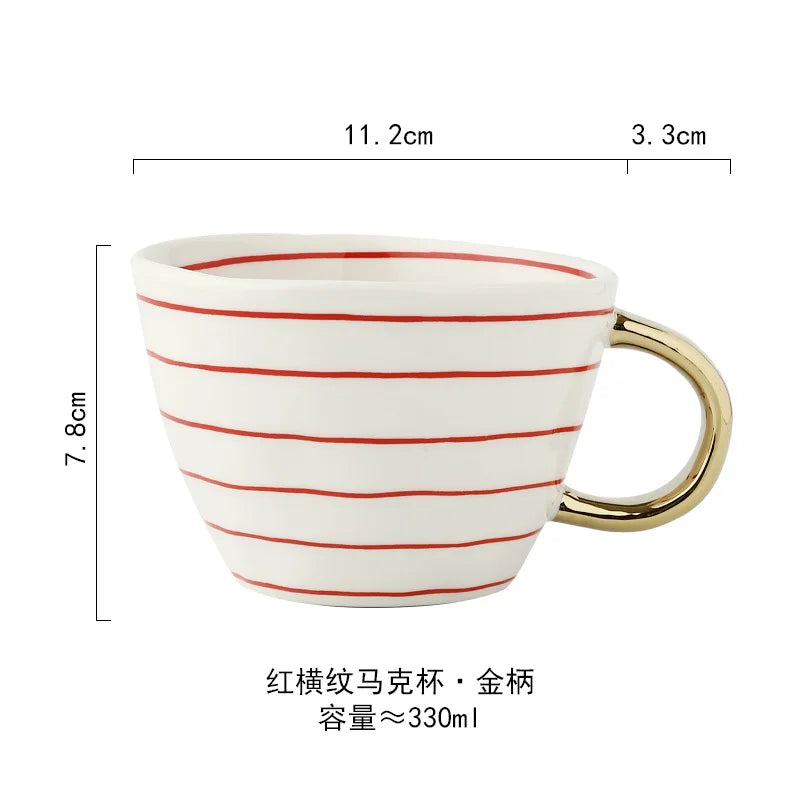 Hand-Painted Geometric Ceramic Mug with Gold Handle — Handmade Irregular Cup for Coffee & Tea