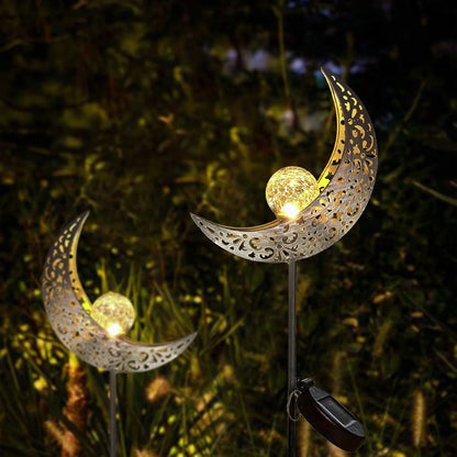 Solar Moon Fairy Garden Stake Light — Crackle Glass Warm White LED Outdoor Decor