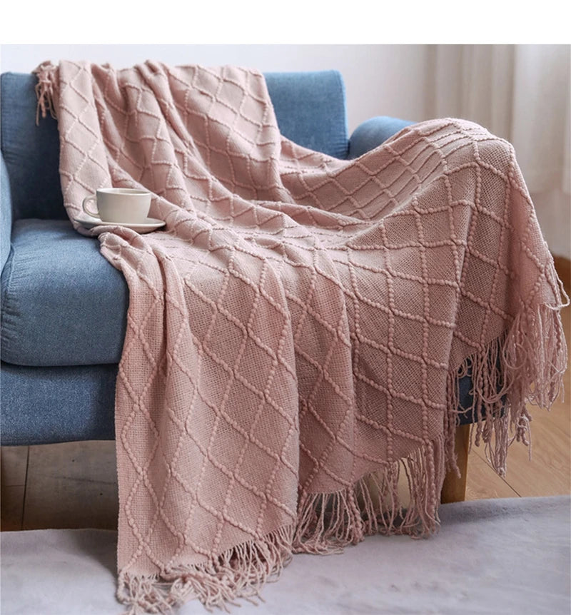 Diamond Knit Throw Blanket with Tassels | Boho Woven Acrylic Blanket