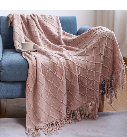 Diamond Knit Throw Blanket with Tassels | Boho Woven Acrylic Blanket