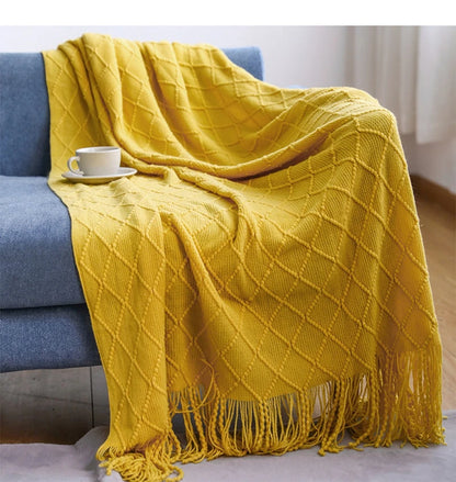 Diamond Knit Throw Blanket with Tassels | Boho Woven Acrylic Blanket