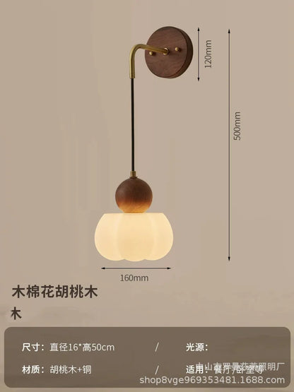 Japanese Retro Copper Wall Lamp — Walnut Wood & Frosted Glass Sconce for Bedroom & Hallway