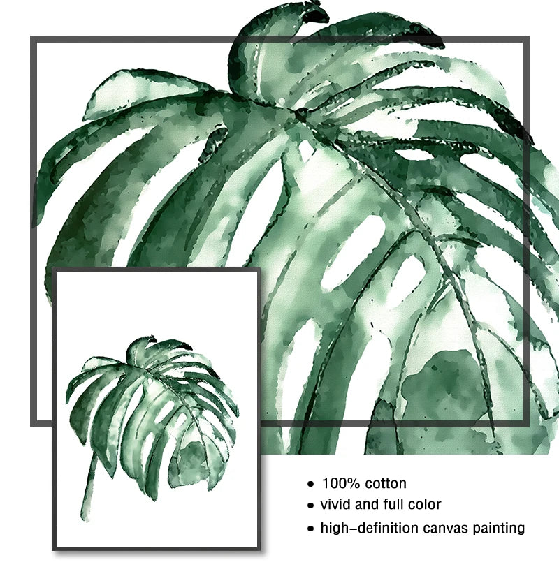 Scandinavian Tropical Leaves Canvas Poster — Unframed Green Botanical Wall Art in 11 Sizes
