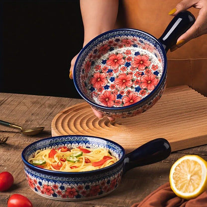 Hand-Painted Floral Ceramic Roasting Pan with Handles — Oven-Safe Casserole & Baking Dish