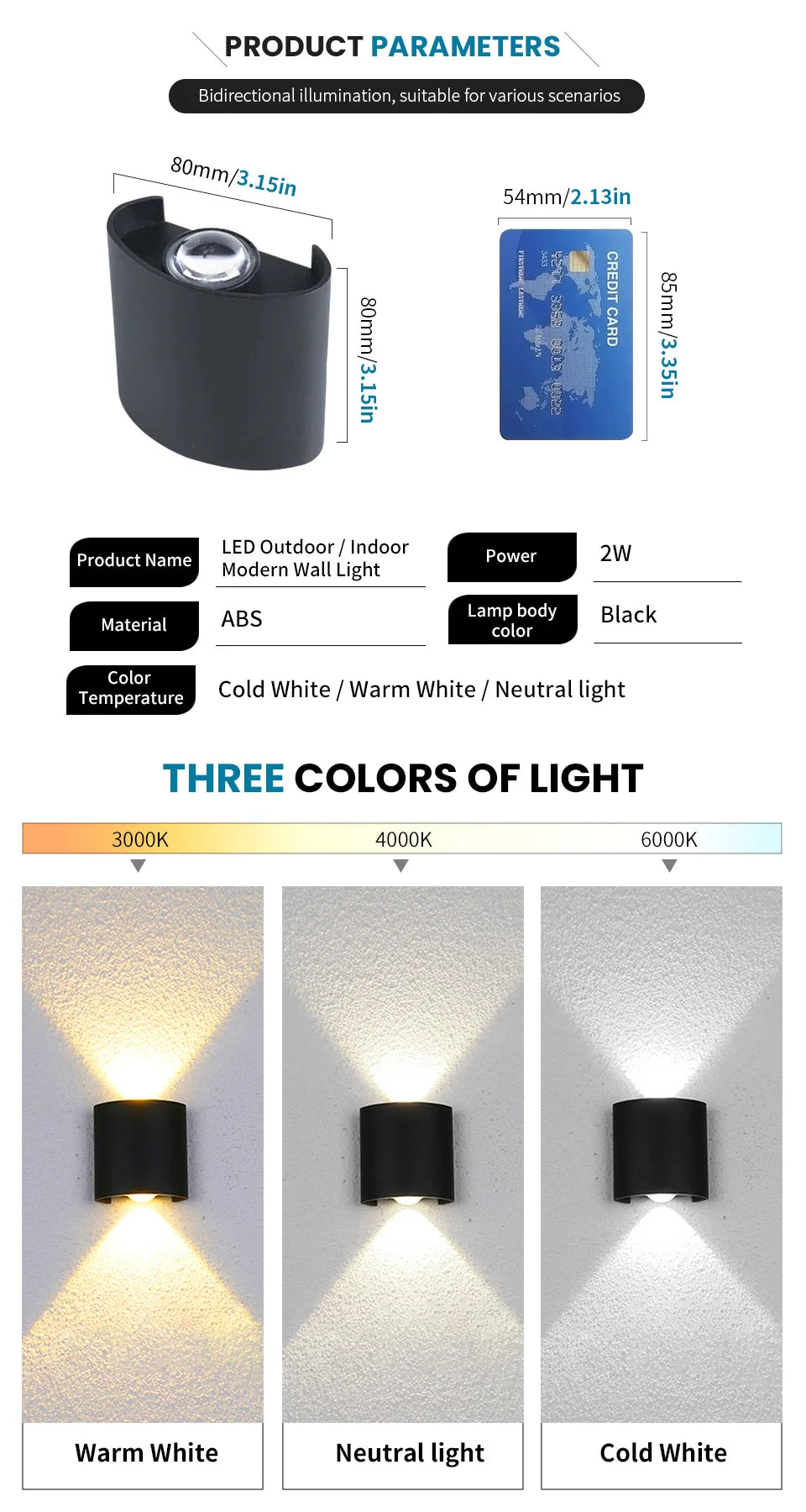 2W LED Wall Lamp — Waterproof Indoor & Outdoor Wall Light in White or Black, 3 Color Temperatures