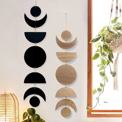 Bohemian Wooden Moon Pendant Wall Hanging — Natural Wood Boho Room Decor