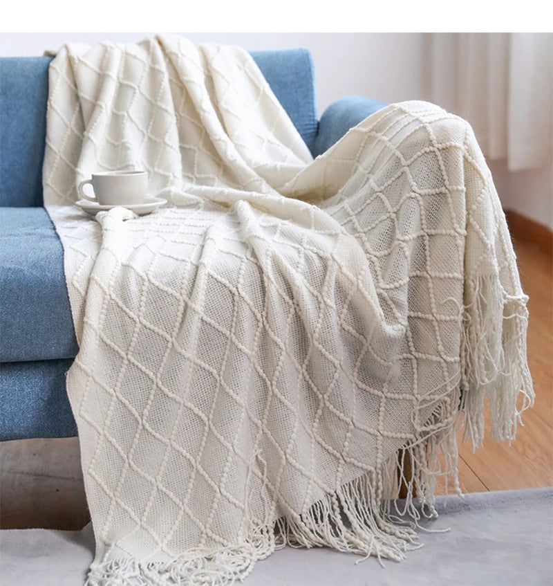 Diamond Knit Throw Blanket with Tassels | Boho Woven Acrylic Blanket