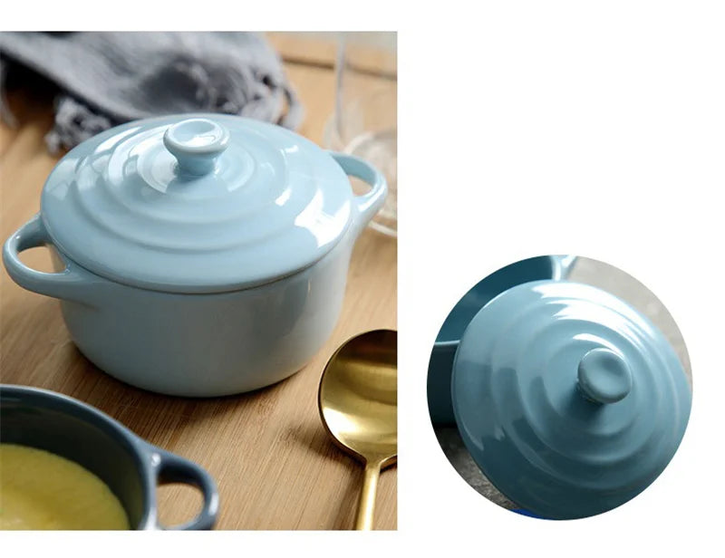 Ceramic Double Ear Bowl with Lid — Glazed Baking Bowl for Steamed Eggs, Soup & Pudding
