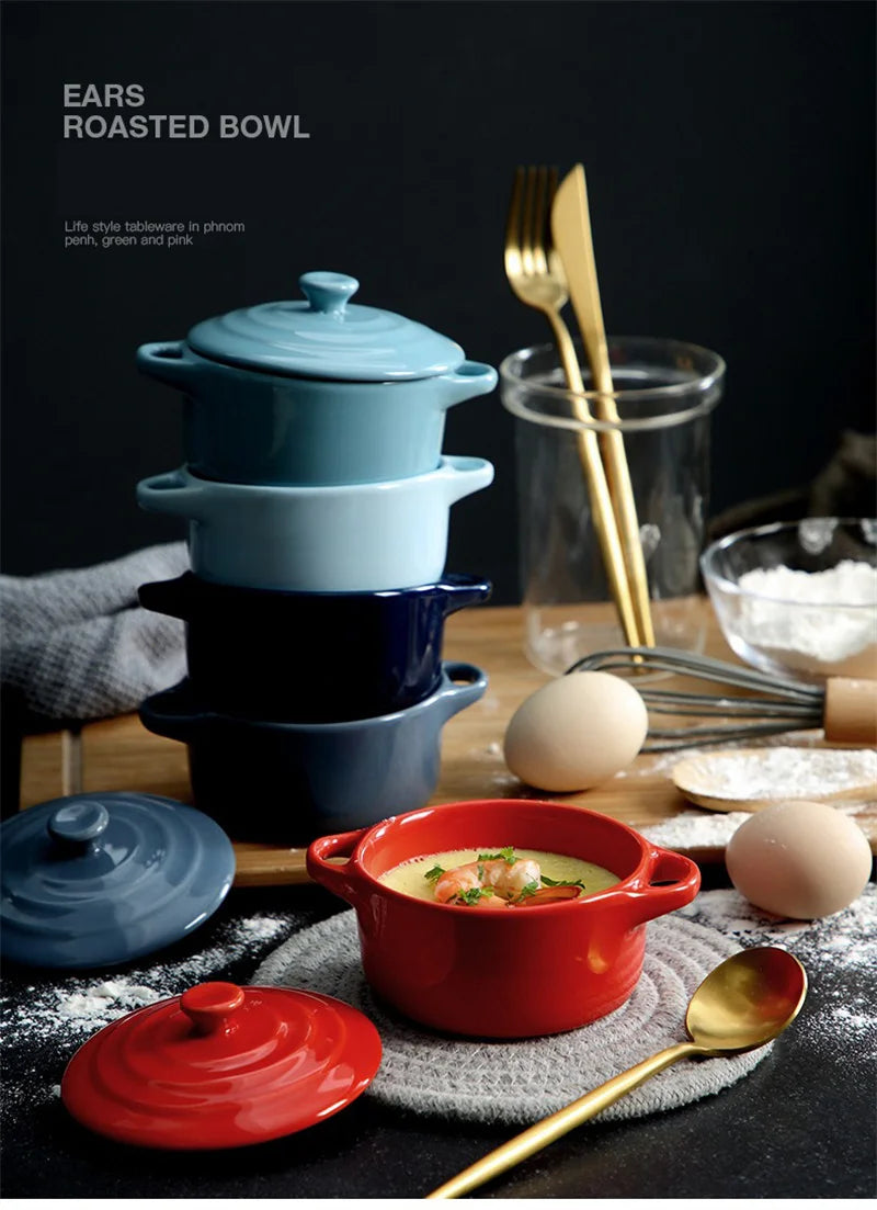 Ceramic Double Ear Bowl with Lid — Glazed Baking Bowl for Steamed Eggs, Soup & Pudding