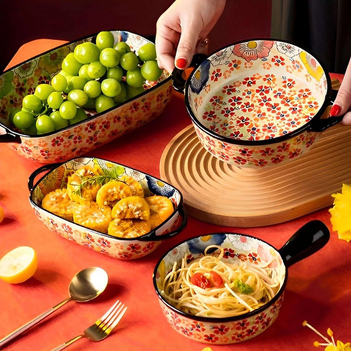 Hand-Painted Floral Porcelain Baking Dish Set — Oven Safe Au Gratin Dish with Handles in 3 Designs