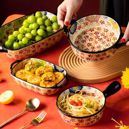 Hand-Painted Floral Porcelain Baking Dish Set — Oven Safe Au Gratin Dish with Handles in 3 Designs